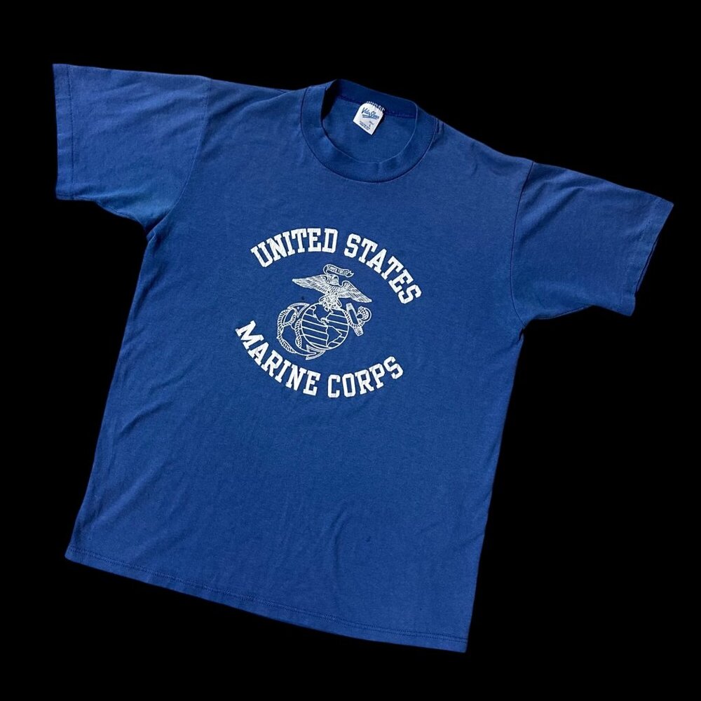 Vintage US Marine Corp T Shirt Large Velva Sheen USA Blue 80s Single Stitch READ